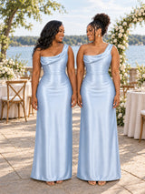 ChicSew One Shoulder Ruching Lace Up Back Mermaid Soft Satin Long Bridesmaid Dresses