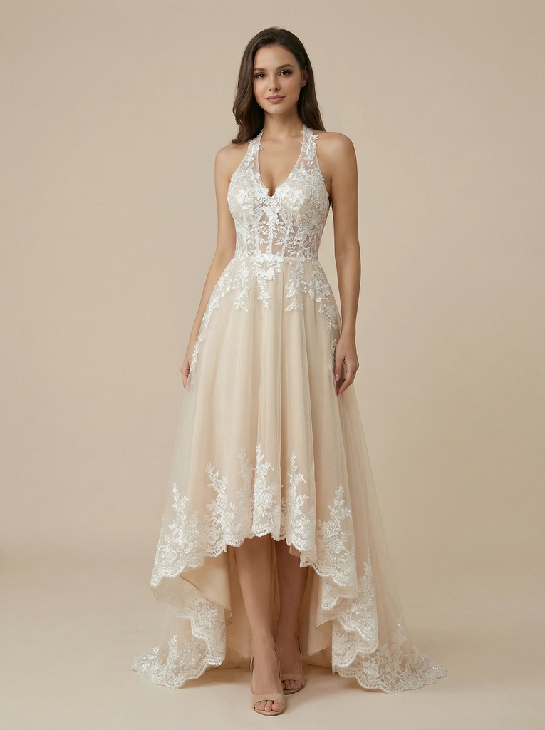 ChicSew High Low Wedding Dresses A-Line Halter Strap Boning Maxi Long Lace Wedding Dresses Online, Champagne ChicSew High Low Wedding Dresses A-Line Halter Strap Boning Maxi Long Lace Wedding Dresses Online, Champagne