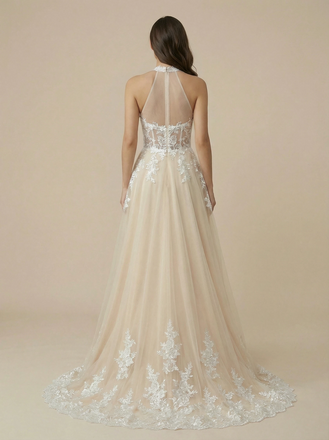 A-Line Halter Strap Boning Maxi Long Lace Wedding Dresses Online