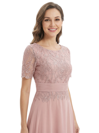 Mother of The Groom Dress Jewel Short Sleeves A-Line Floor-Length Chiffon Gown