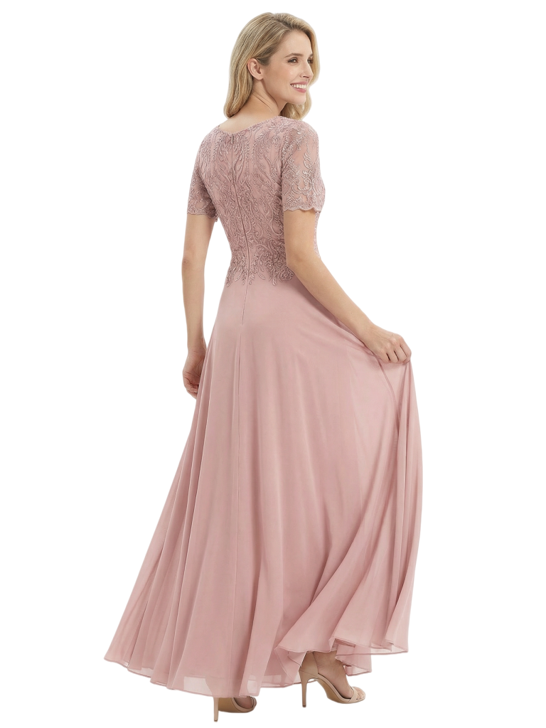 Mother of The Groom Dress Jewel Short Sleeves A-Line Floor-Length Chiffon Gown