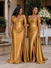 ChicSew One Shoulder Side Slit Ruched Mermaid Soft Satin Long Bridesmaid Dresses With Boning