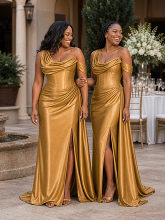 ChicSew One Shoulder Side Slit Ruched Mermaid Soft Satin Long Bridesmaid Dresses With Boning