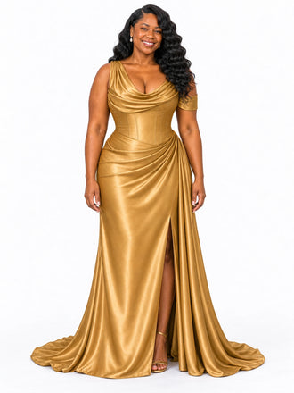 ChicSew One Shoulder Side Slit Ruched Mermaid Soft Satin Long Bridesmaid Dresses With Boning