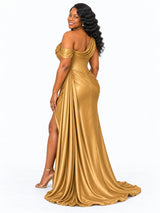 ChicSew One Shoulder Side Slit Ruched Mermaid Soft Satin Long Bridesmaid Dresses With Boning