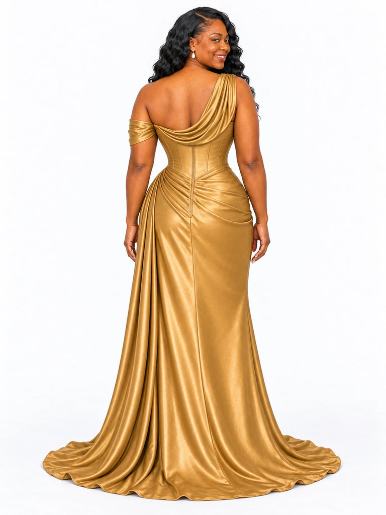 ChicSew One Shoulder Side Slit Ruched Mermaid Soft Satin Long Bridesmaid Dresses With Boning