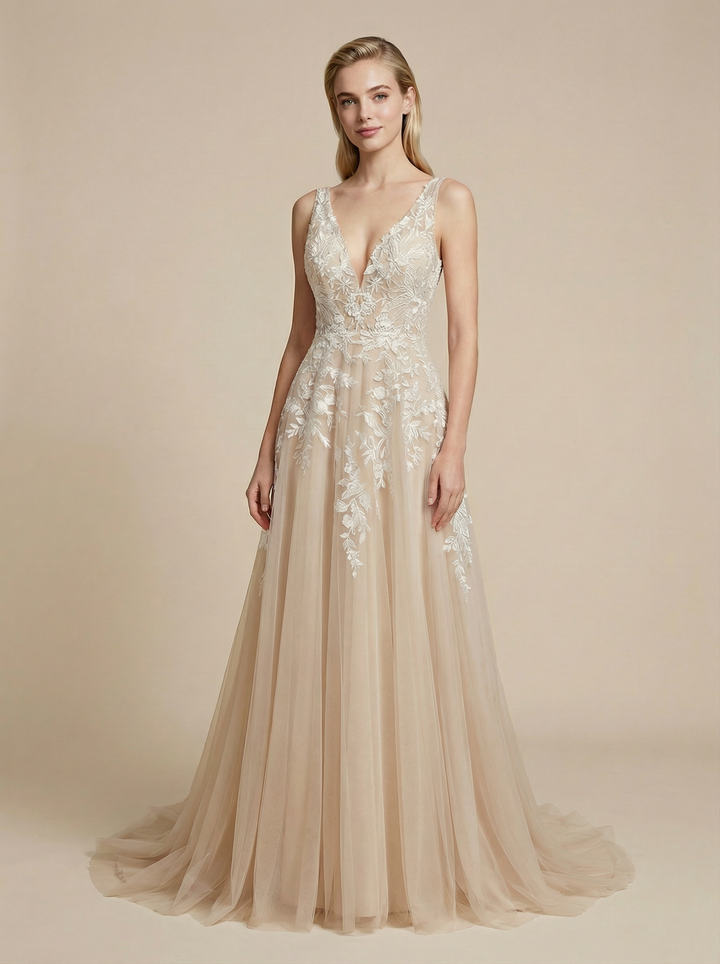 A-Line Spaghetti Straps V-Neck Maxi Long Lace Wedding Dresses Online