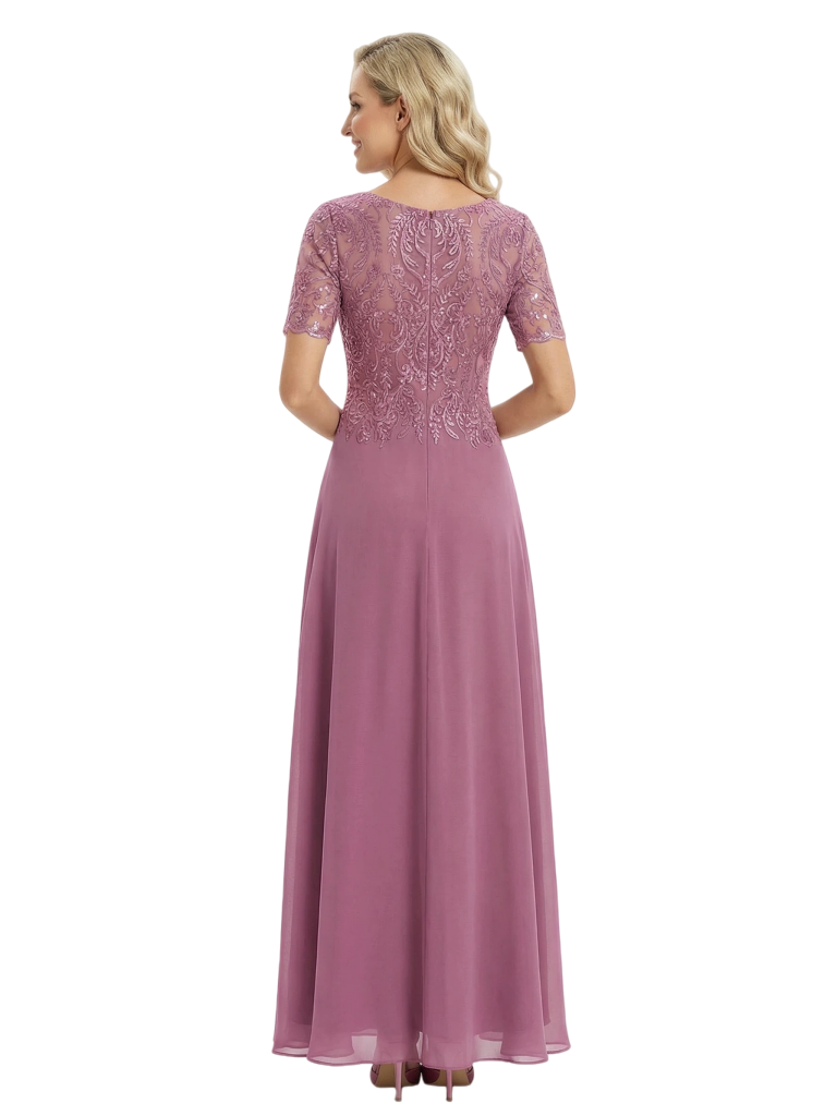 Classy Short Sleeves Jewel Lace Applique Chiffon A-Line Mother of The Bride Dresses