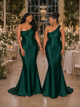 ChicSew Sexy One Shoulder Ruched Mermaid Soft Satin Floor-Length Bridesmaid Dresses
