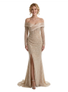 Pretty Off The Shoulder Long Sleeves Corsekt Sequin Side Slit Floor-Length Mermaid Evening Gown