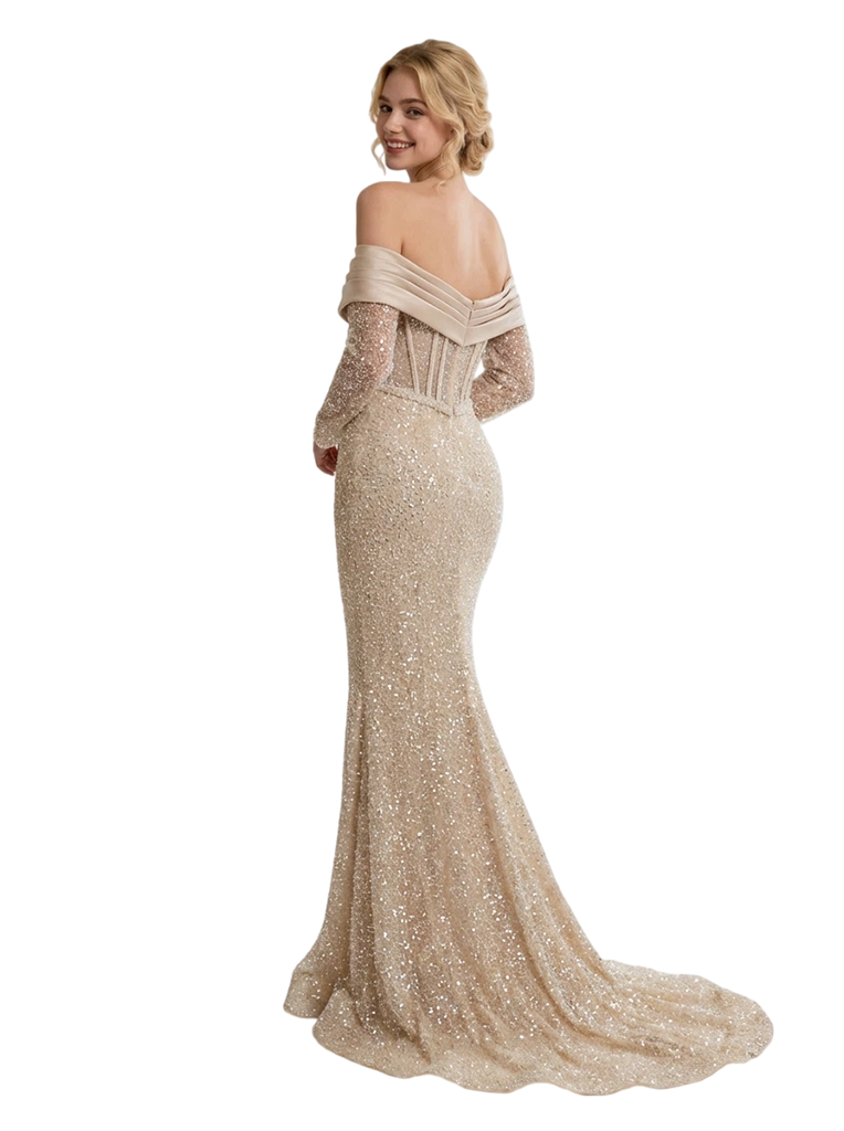 Pretty Off The Shoulder Long Sleeves Corsekt Sequin Side Slit Floor-Length Mermaid Evening Gown