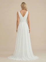 A-Line Spaghetti Straps V-Neck Side Slit Chiffon Maxi Long Beach Wedding Gowns
