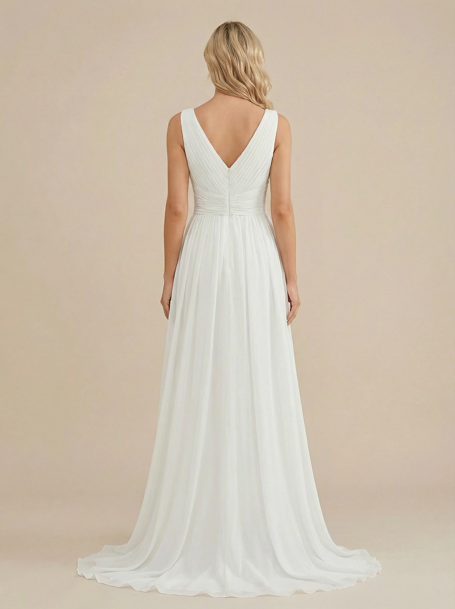 A-Line Spaghetti Straps V-Neck Side Slit Chiffon Maxi Long Beach Wedding Gowns