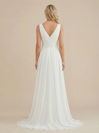 A-Line Spaghetti Straps V-Neck Side Slit Chiffon Maxi Long Wedding Dresses With Train