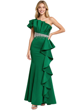 Modern Satin One Shoulder Tiered Ruffle Beaded Mermaid Floor-Length Prom Dress