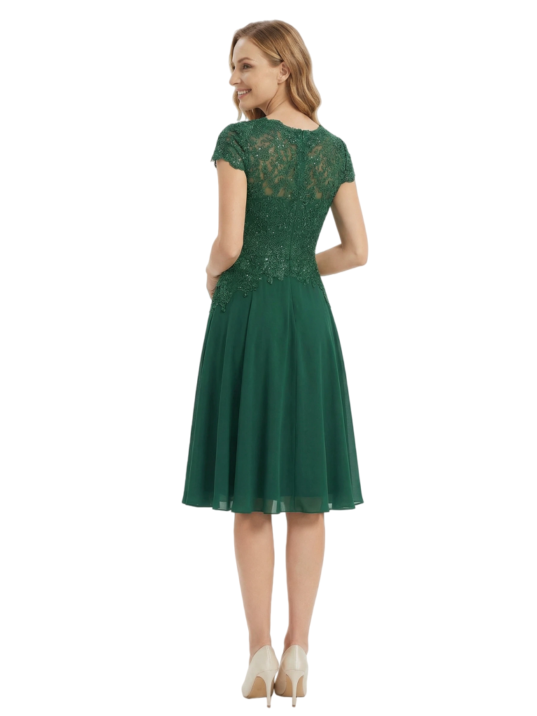 Beautiful V-Neck Short Sleeves Mother Of The Bride Dress Lace Applique Chiffon A-Line Midi Gown