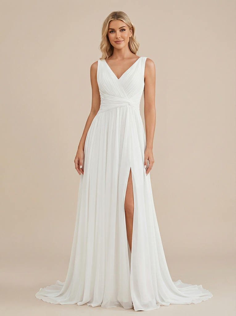 A-Line Spaghetti Straps V-Neck Side Slit Chiffon Maxi Long Wedding Dresses With Train