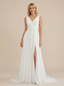 A-Line Spaghetti Straps V-Neck Side Slit Chiffon Maxi Long Wedding Dresses With Train