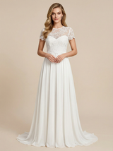 A-Line Short Sleeves Jewel Lace Chiffon Maxi Long Beach Wedding Gowns