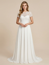A-Line Short Sleeves Jewel Lace Chiffon Maxi Long Wedding Dresses With Train
