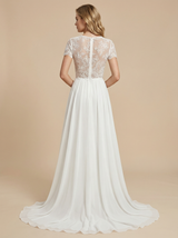 A-Line Short Sleeves Jewel Lace Chiffon Maxi Long Beach Wedding Gowns