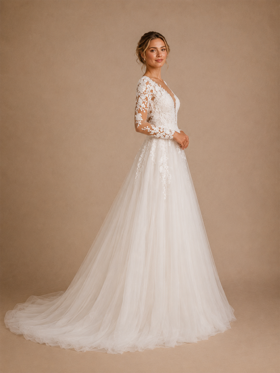 ChicSew Fancy V-Neck Lace Tulle Long Sleeves Maxi A-Line Wedding Dress