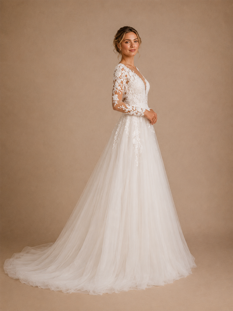 ChicSew Fancy V-Neck Lace Tulle Long Sleeves Maxi A-Line Wedding Dress