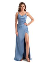 Soft Satin Cowl Neck Side Slit Spaghetti Straps Sexy Wedding Guest Dresses