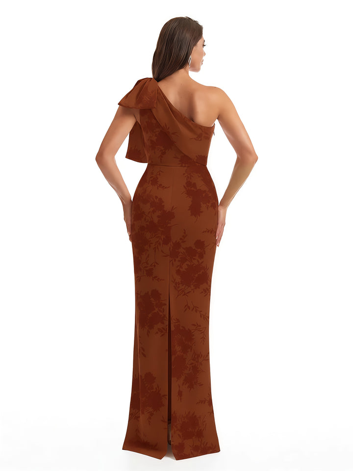 Elegant One Shoulder Mermaid Long Satin Floral Formal Dresses For Women With Back Slit