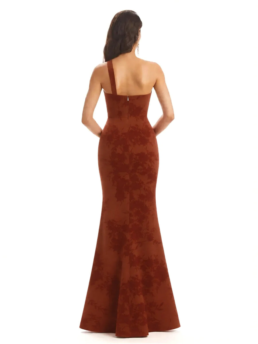 Sexy One Shoulder Side Slit Mermaid Satin Floral Formal Dresses For Women