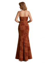 Elegant Strapless Side Slit Mermaid Long Satin Floral Formal Dresses For Women