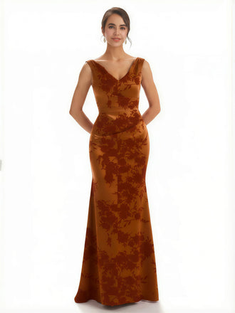 Trendy V-Neck Mermaid Floral Satin Maxi Floral Formal Evening Dresses For Women