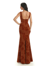 Elegant Spaghetti Straps Square Mermaid Long Satin Floral Formal Evening Dresses For Ladies