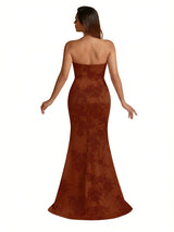 Trendy Sweetheart Strapless Side Slit Mermaid Long Satin Floral Formal Dresses For Women