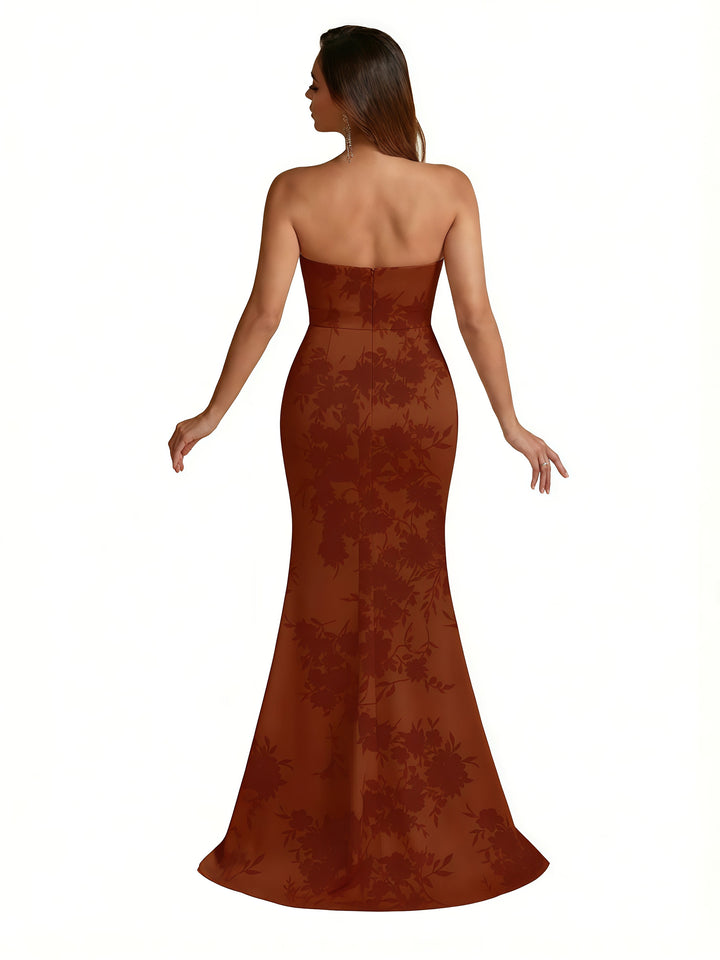Trendy Sweetheart Strapless Side Slit Mermaid Long Satin Floral Formal Dresses For Women