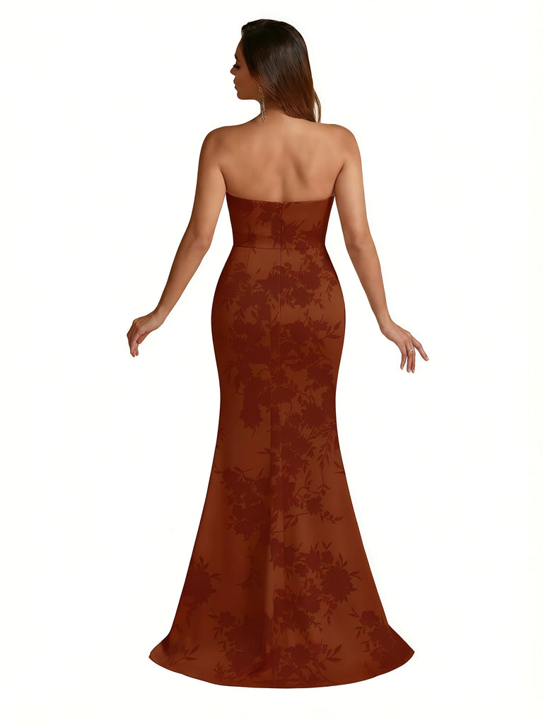 Trendy Sweetheart Strapless Side Slit Mermaid Long Satin Floral Formal Dresses For Women