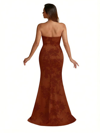 Trendy Sweetheart Strapless Side Slit Mermaid Long Satin Floral Formal Dresses For Women