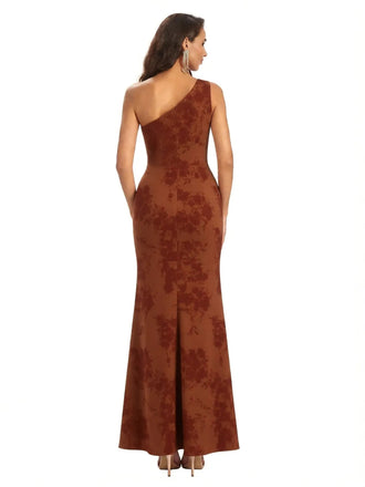 Elegant One Shoulder Mermaid Side Slit Floral Satin Maxi Floral Formal Dresses For Women