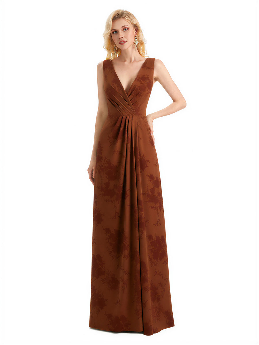 Beautiful V-Neck Mermaid Floral Satin Maxi Floral Formal Dresses For Women
