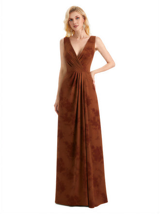 Beautiful V-Neck Mermaid Floral Satin Maxi Floral Formal Dresses For Women