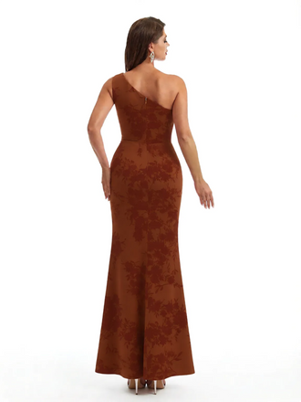 Simple One Shoulder Side Slit Mermaid Floral Satin Maxi Floral Formal Dresses For Women