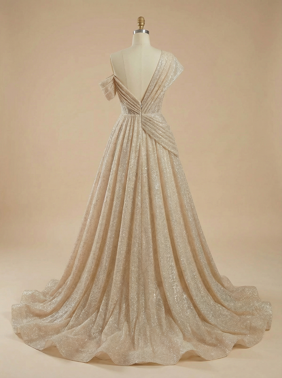 A-Line Off Shoulder Ruched Maxi Long Sequin Tulle Wedding Dresses Online