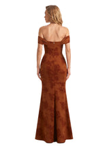 Trendy Off Shoulder Side Slit Mermaid Long Satin Floral Formal Evening Dresses For Ladies