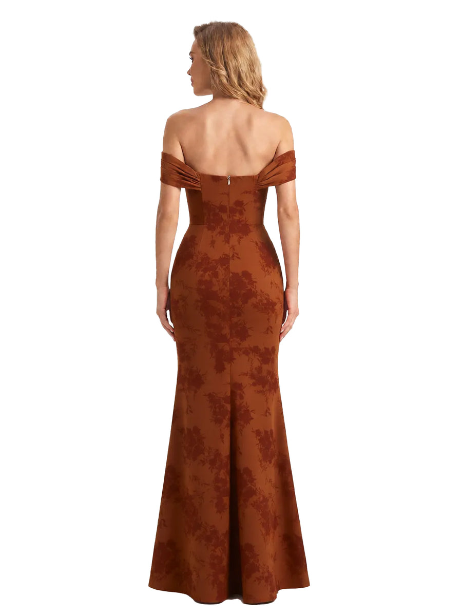 Trendy Off Shoulder Side Slit Mermaid Long Satin Floral Formal Evening Dresses For Ladies