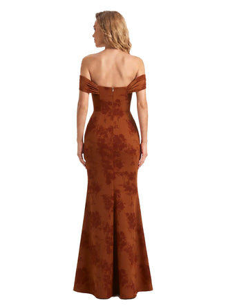 Trendy Off Shoulder Side Slit Mermaid Long Satin Floral Formal Evening Dresses For Ladies