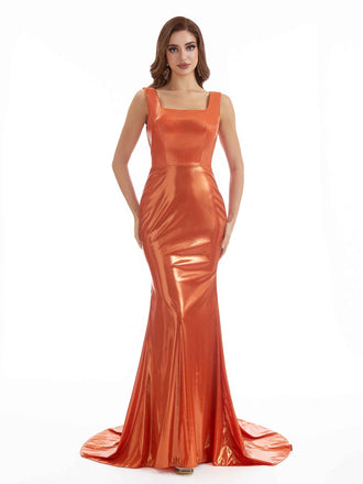 Sexy Mermaid Square Neckline Metallic Stretch Shiny Fabric Long Bridesmaid Dresses Online