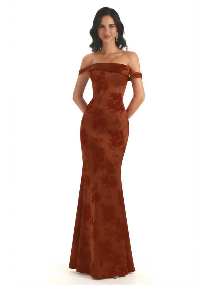 Trendy Off Shoulder Mermaid Floral Satin Maxi Floral Evening Formal Dresses