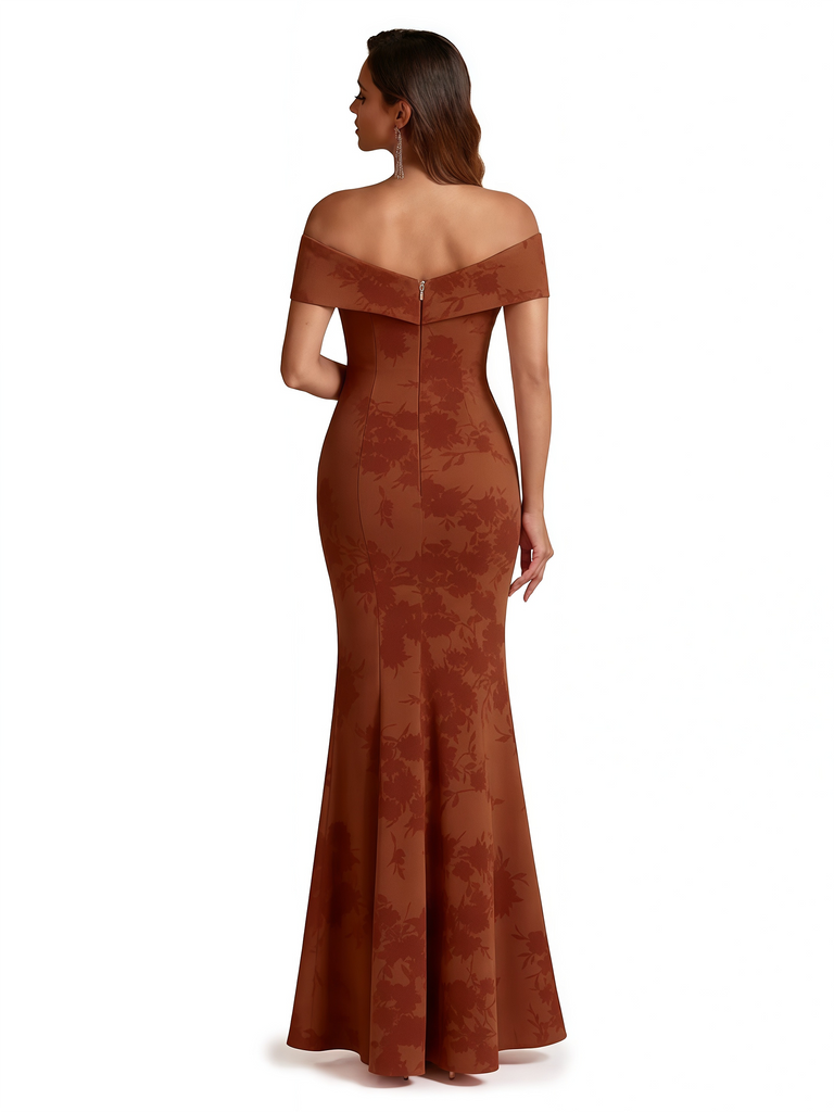 Sexy Off Shoulder Mermaid Long Satin Floral Formal Dresses For Women