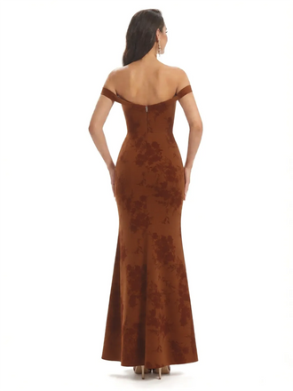 Simple Off Shoulder Mermaid Floral Satin Maxi Floral Formal Dresses For Women