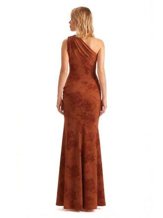 Sexy One Shoulder Side Slit Mermaid Long Satin Floral Formal Dresses For Women